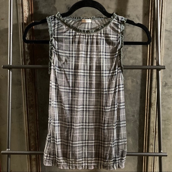 Burberry Sheer Grey Green Plaid Tank Top Shirt